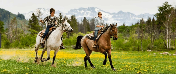 Confident plus-size woman riding Ledbury a horse through a field with a smile on her face.